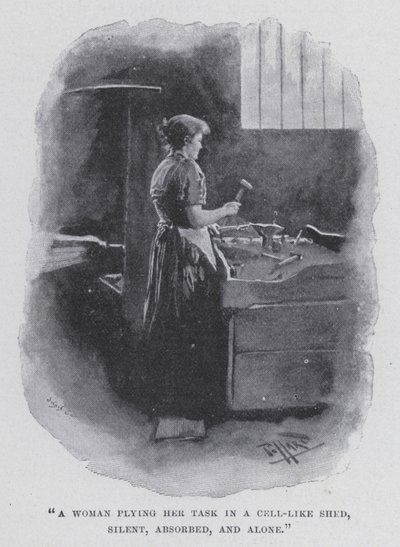 Une femme accomplissant sa tâche dans une cabane semblable à une cellule, silencieuse, absorbée et seule - Harold Hume Piffard