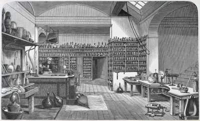 Michael Faraday (1791-1867) dans son laboratoire au sous-sol, d