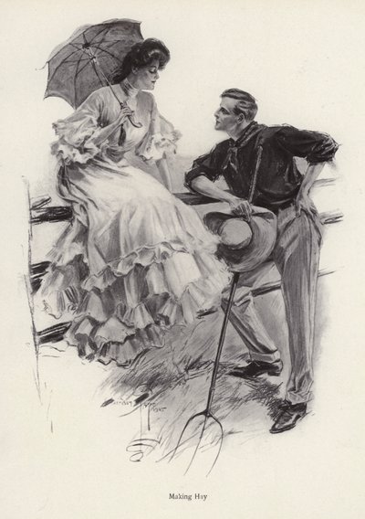 Un fermier fait une pause dans son travail pour flirter avec une jeune femme - Harrison Fisher