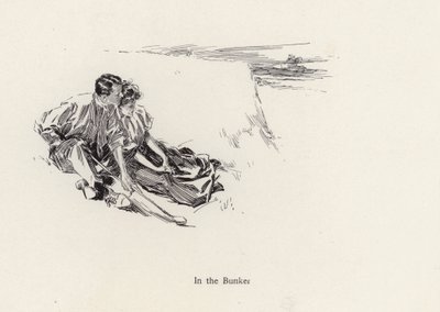 Couple dans une étreinte romantique dans un bunker sur le parcours de golf (lithographie) - Harrison Fisher