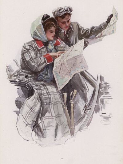 Homme et femme lisant une carte dans une voiture - Harrison Fisher