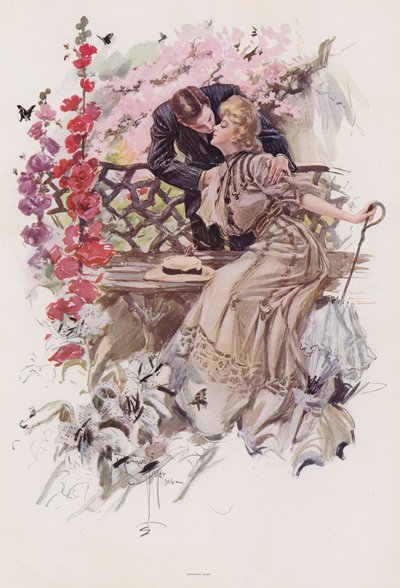Homme embrassant une femme dans un jardin - Harrison Fisher