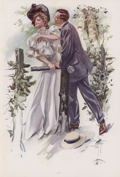 Homme essayant de voler un baiser à une jeune femme - Harrison Fisher