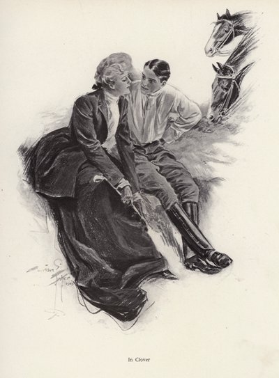 Couple romantique faisant une pause pendant une promenade à cheval - Harrison Fisher