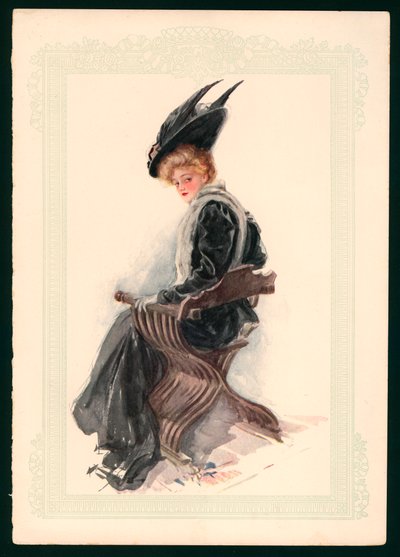 Jeune fille assise portant une robe et un chapeau noirs - Harrison Fisher