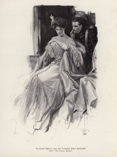 Deux personnages, Desmond Ellery et la comtesse Frina Mavrodin du roman The Princess Moritza, de Percy Brebner - Harrison Fisher