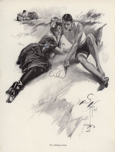 Deux amoureux dessinant des cœurs dans le sable à la plage - Harrison Fisher