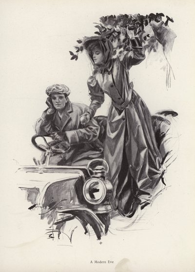 Femme cueillant des pommes depuis une voiture - Harrison Fisher