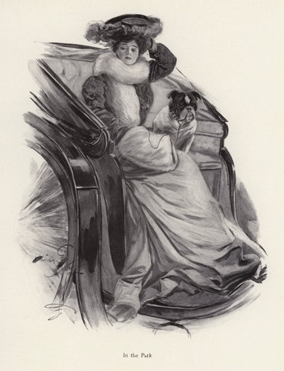 Femme assise dans une calèche avec son chien - Harrison Fisher
