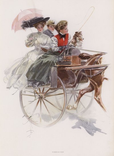 Jeune Américaine conduisant un cabriolet ou une voiture à cheval similaire en Irlande - Harrison Fisher