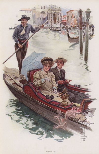 Jeune femme américaine faisant un tour en gondole, Venise - Harrison Fisher