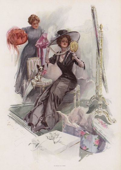 Jeune Américaine essayant des chapeaux chez un modiste français - Harrison Fisher
