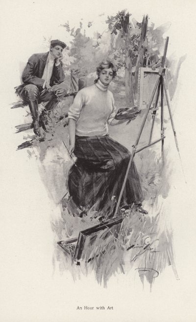 Jeune femme artiste peignant à la campagne tandis qu