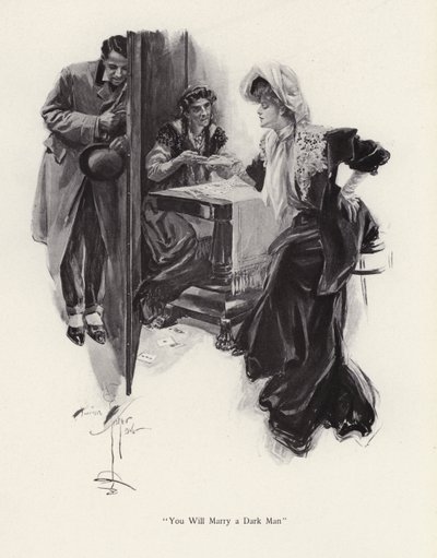 Jeune femme se faisant lire son avenir par une gitane - Harrison Fisher