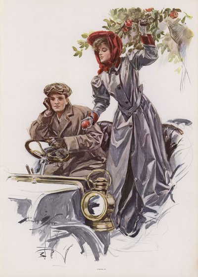 Jeune femme cueillant des pommes depuis une voiture - Harrison Fisher