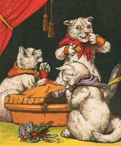 Chatons coquins mangeant de la tarte dans leurs mitaines - Harrison William Weir