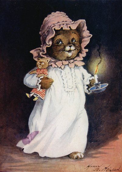 Chat en chemise de nuit, portant une bougie et un chat en peluche, allant se coucher - Harry B Neilson