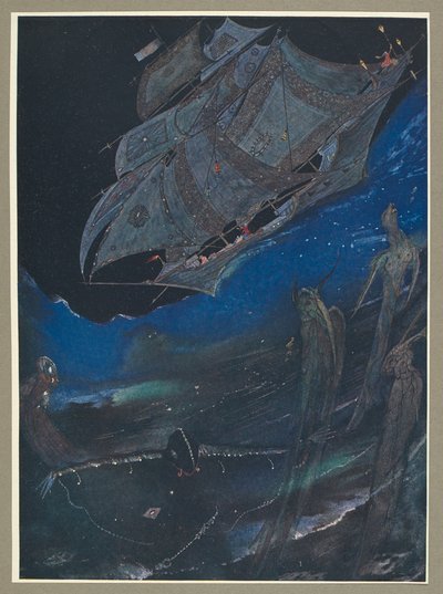 Une illustration montrant un navire en mer, et des poissons en dessous. - Harry Clarke