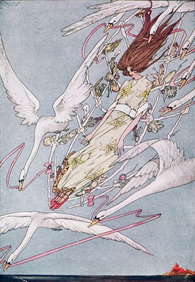 "Et toute la journée ils volèrent en avant", illustration de Les Cygnes sauvages par Hans Christian Andersen - Harry Clarke