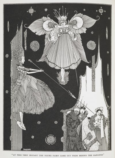 "À cet instant précis, la jeune fée sortit de derrière les tentures". Illustration pour l