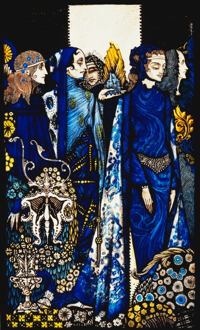 Etain, Helen, Maeve et Fand, la main tendre de Deirdre dorée. "Reines", neuf panneaux de verre acides, teintés et peints, illustrant le poème de J.M. Synge, 1917 - Harry Clarke
