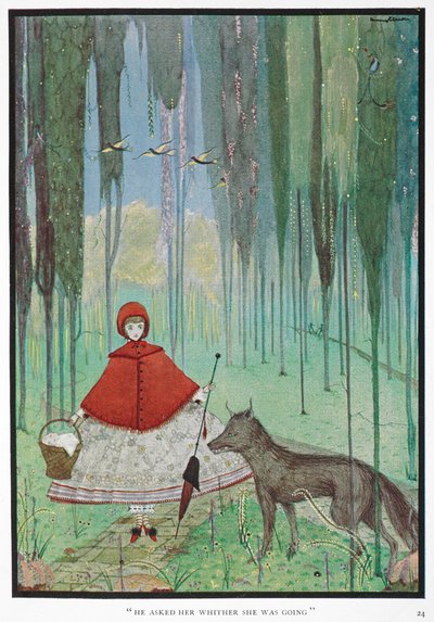 Il lui demanda où elle allait. Le Petit Chaperon Rouge rencontre le loup, dans une forêt. - Harry Clarke