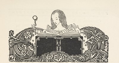 Illustration montrant une femme lisant un livre, en haut de la page de contenu - Harry Clarke