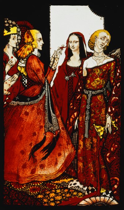 Reines dont le doigt autrefois excitait les hommes. "Reines", neuf panneaux de verre acides, teintés et peints, illustrant le poème de J.M. Synge, 1917 - Harry Clarke