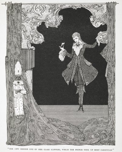 Elle laissa derrière elle une de ses pantoufles de verre, que le Prince ramassa avec soin. Illustration pour l