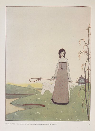 Elle marche - la dame de mon plaisir - une bergère de moutons. Illustration pour La bergère par Alice Meynell - Harry Clarke