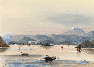 Le HMS Tribune trouvant son chemin sur la rivière Chuenpee à Canton (Chine), avec des bateaux à rames et des jonques chinoises - Harry Edmond Edgell