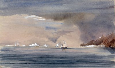 Les icebergs au large du Cap Horn (Chili), avec la silhouette du HMS Tribune. Peinture du Vice-amiral Harry Edmund Edgell (1809-1876), aquarelle 1856. - Harry Edmond Edgell