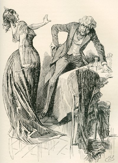 Edith et M. Carker. "Il venait gaiement vers elle, quand, en un instant, elle attrapa le couteau sur la table et recula d