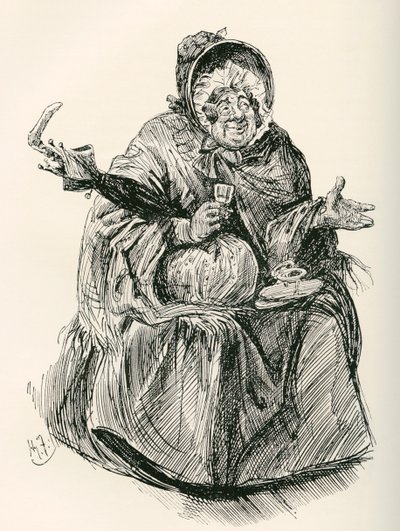 Mme Gamp. Illustration de Harry Furniss pour le roman de Charles Dickens Martin Chuzzlewit, de l