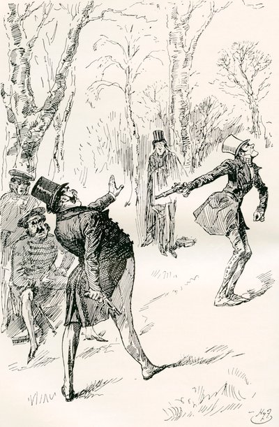 Le duel après le bal. "Les yeux de M. Winkle étant fermés, il ne put observer le comportement très extraordinaire et inexplicable du docteur Slammer. Ce gentleman regarda, se frotta les yeux, et, finalement, cria "Arrêtez, arrêtez ! ce n