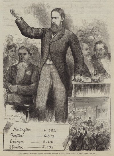 Les élections générales, Lord Hartington à Over Darwen, Lancashire Nord-Est - Harry Furniss