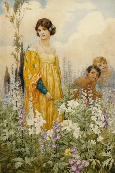 Une jeune fille avec Pan et Cupidon, dans un jardin sauvage (crayon et aquarelle sur papier) - Harry George Theaker