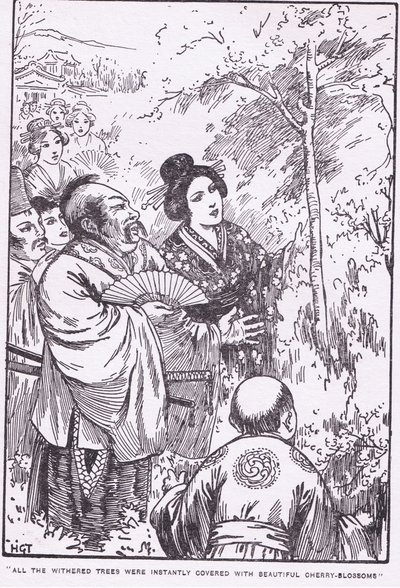 Tous les arbres flétris se sont instantanément couverts de belles fleurs de cerisier (Le vieil homme qui faisait fleurir les arbres flétris) (litho) - Harry George Theaker