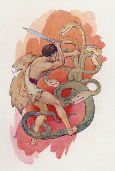 Hercule et le serpent à sept têtes (lithographie couleur) - Harry George Theaker