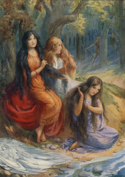 Hladgrun, Olrun et Alvit, de "Wayland the Smith" (lithographie couleur) - Harry George Theaker