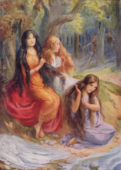 Hladgrun, Olrun et Alvit, illustration de "The Wayland Smith" dans "Northern Legends" par Raphael Tuck (pub) (lithographie couleur) - Harry George Theaker