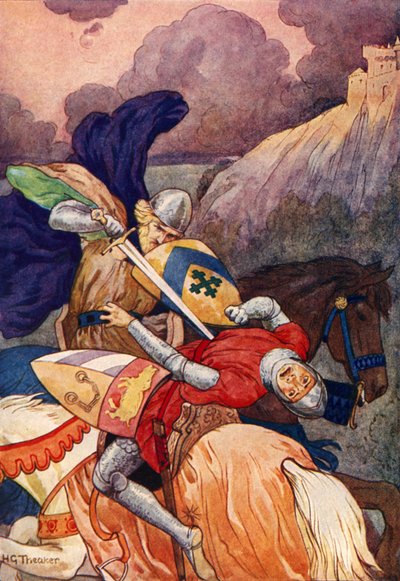 Le roi Arthur poignardant son ennemi à travers la poitrine (lithographie couleur) - Harry George Theaker