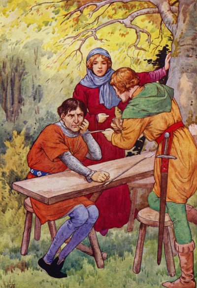 "Maintenant, sur la hampe de cette flèche, Shérif, écrivez votre propre nom" (lithographie couleur) - Harry George Theaker