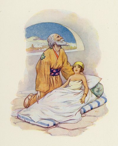 Une fois de plus, Élisée serre le petit enfant contre lui (lithographie couleur) - Harry George Theaker