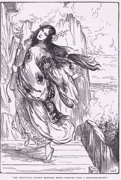 Une belle déesse se met à danser sur une caisse de résonance (La Plaine du Haut Ciel) (litho) - Harry George Theaker