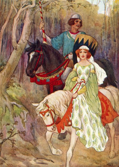 La princesse Olwen accompagnée du prince Pig-sty (lithographie couleur) - Harry George Theaker