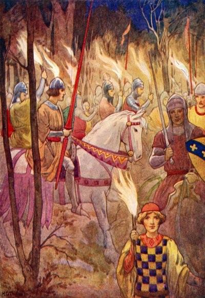 Procession de chevaliers avec des torches (lithographie couleur) - Harry George Theaker
