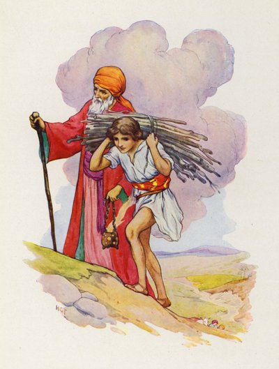 Côte à côte, Abraham et Isaac gravissent le sentier escarpé (lithographie couleur) - Harry George Theaker