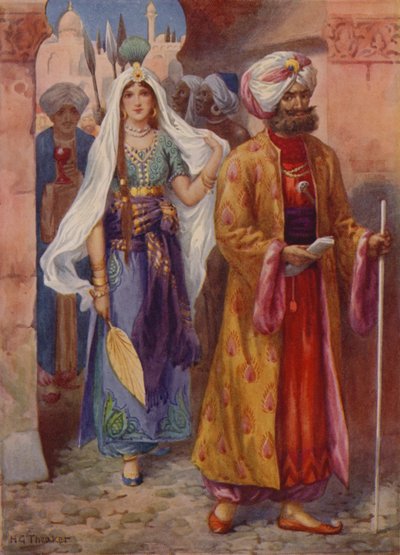 Sindbad apporte les cadeaux au calife (lithographie couleur) - Harry George Theaker