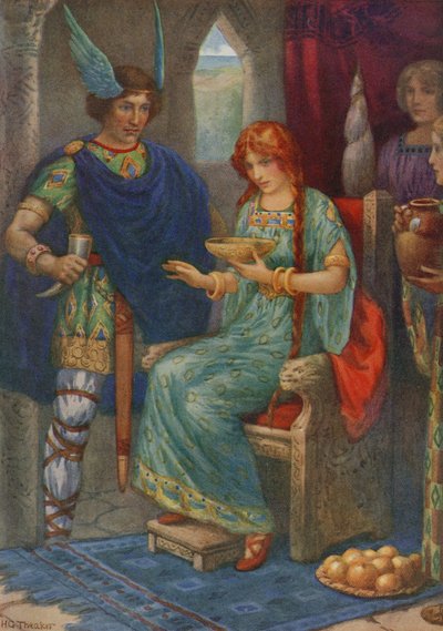 Skyrnir et Gerda, de "Frey et Gerda" (lithographie couleur) - Harry George Theaker